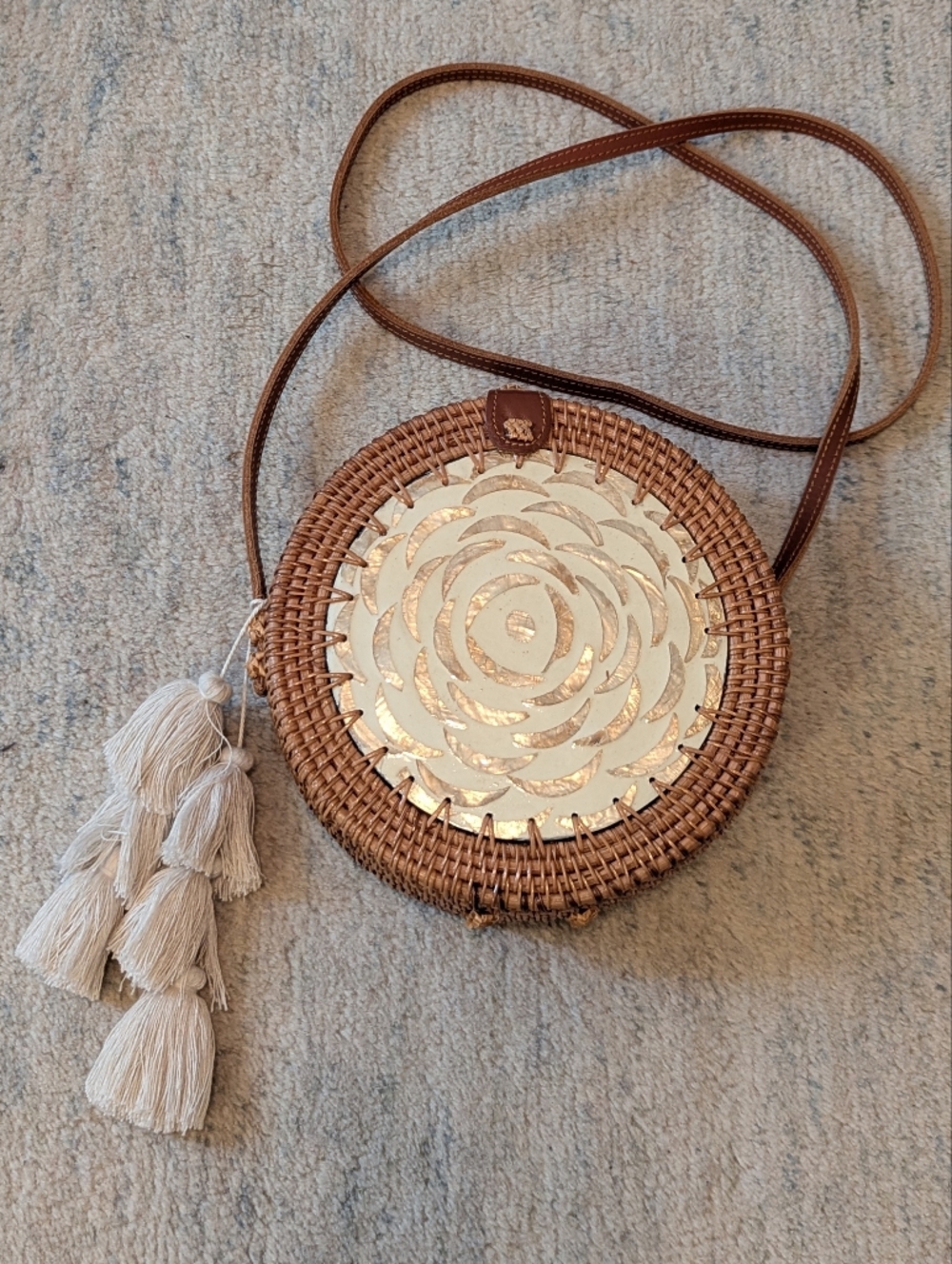 Brown Woven Round Crossbody Bag with Cream Tassel Accent